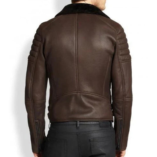 Men's Black Fur Cafe Shearling Brown Leather Jacket