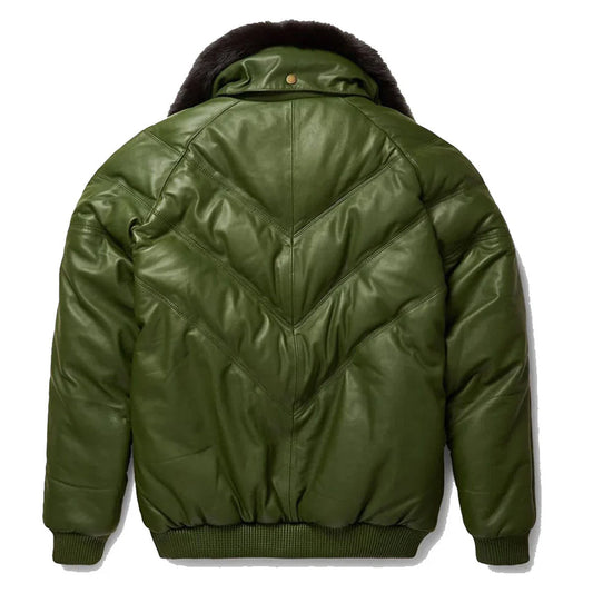 Men's Green V-Bomber Leather Jacket