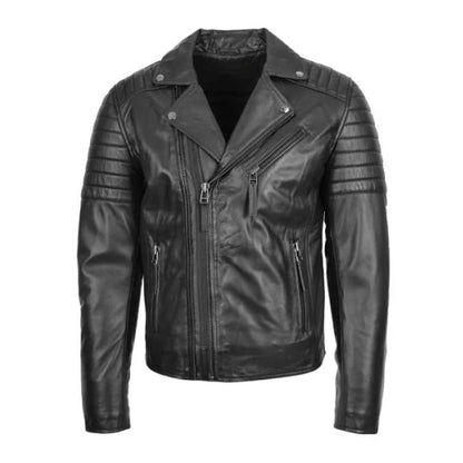 Men's Black Dual Cross Zip Leather Biker Jacket