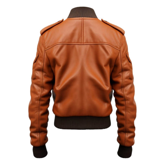 Men Tan Strap Pocket Bomber Leather Jacket