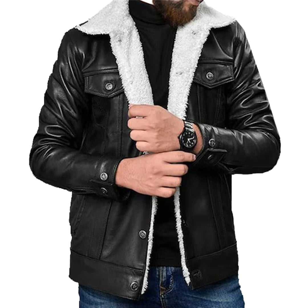 Men's Black Aviator Shearling Leather Jacket