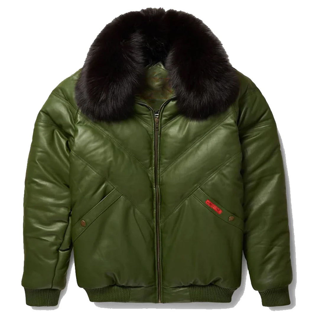 Men's Green V-Bomber Leather Jacket