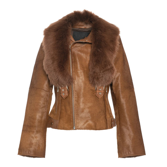 Women's Tara Calf Brown Fur Leather Jacket