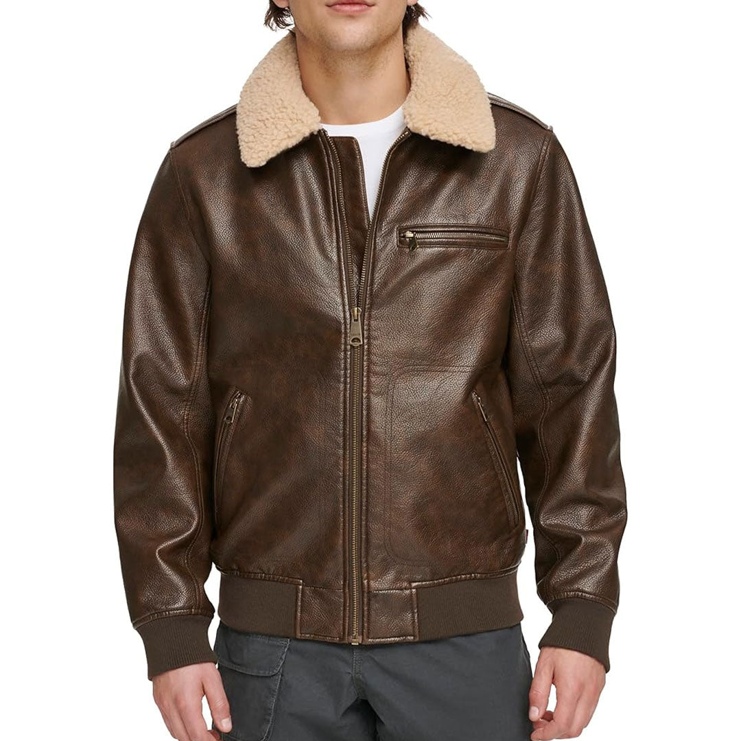 Men's Faux Sherpa Collar Bomber Leather Jacket