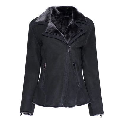 Women's Black Shearling Straight Moto Jacket