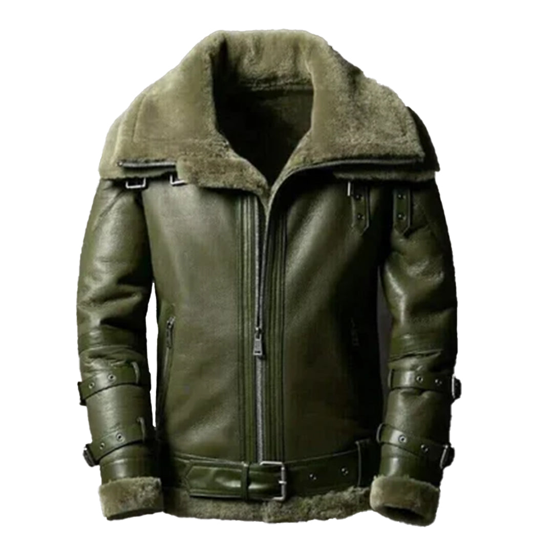 Men's Double Collar Green RAF Bomber Shearling Jacket