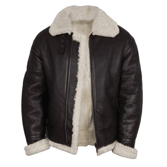 Men's Black Fur Collar Bomber Leather Jacket