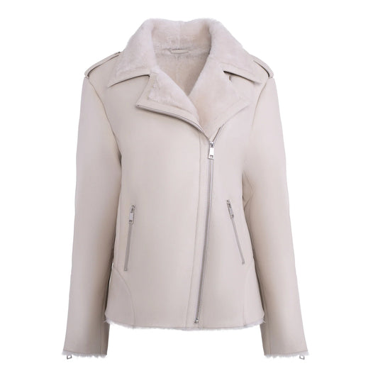 Women's White Shearling Straight Moto Jacket