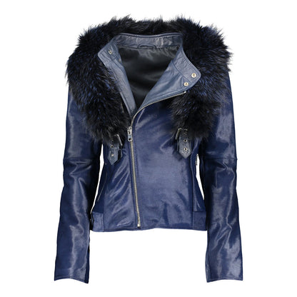 Women's Tara Calf Blue Fur Blue Leather Jacket