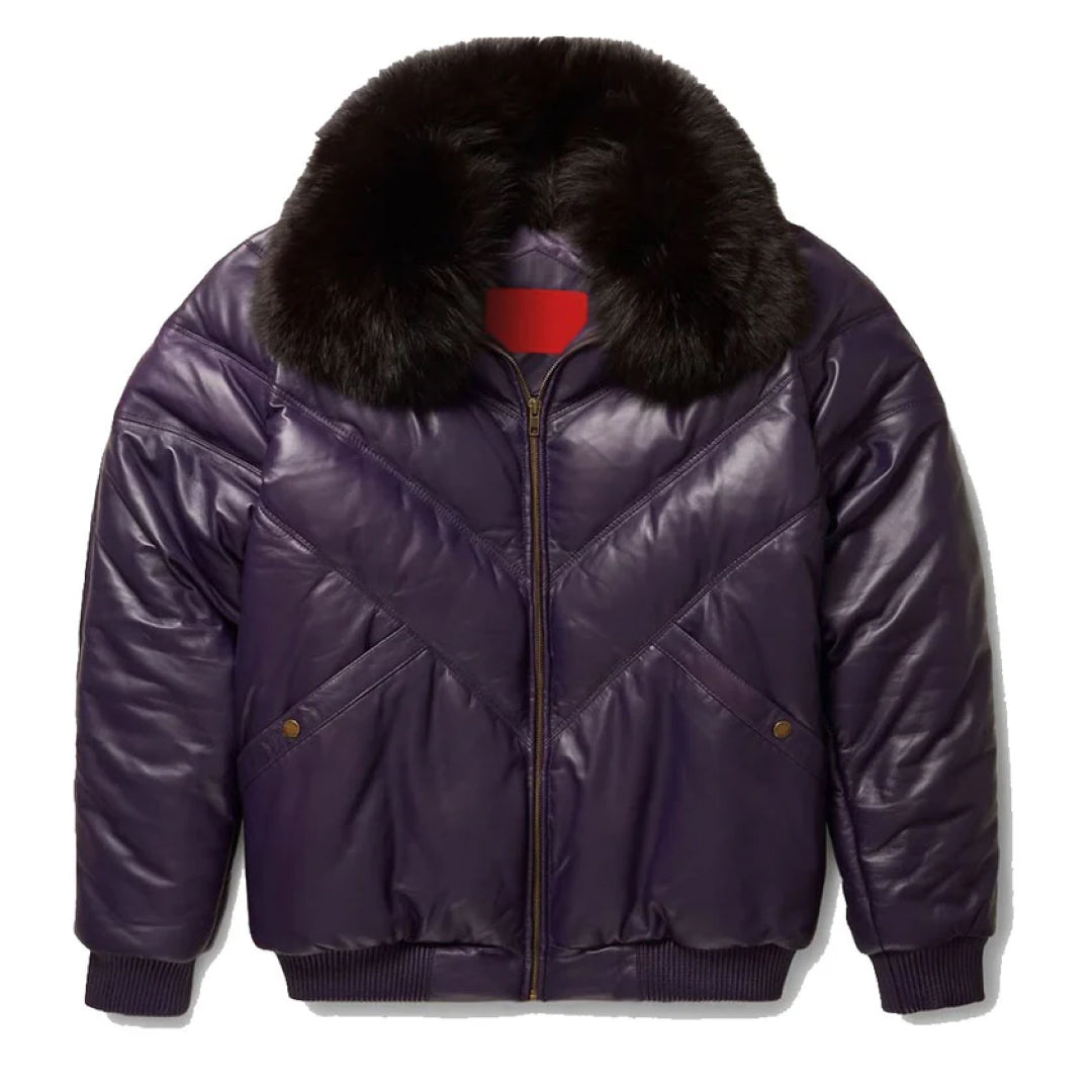 Men's Purple V-Bomber Leather Jacket